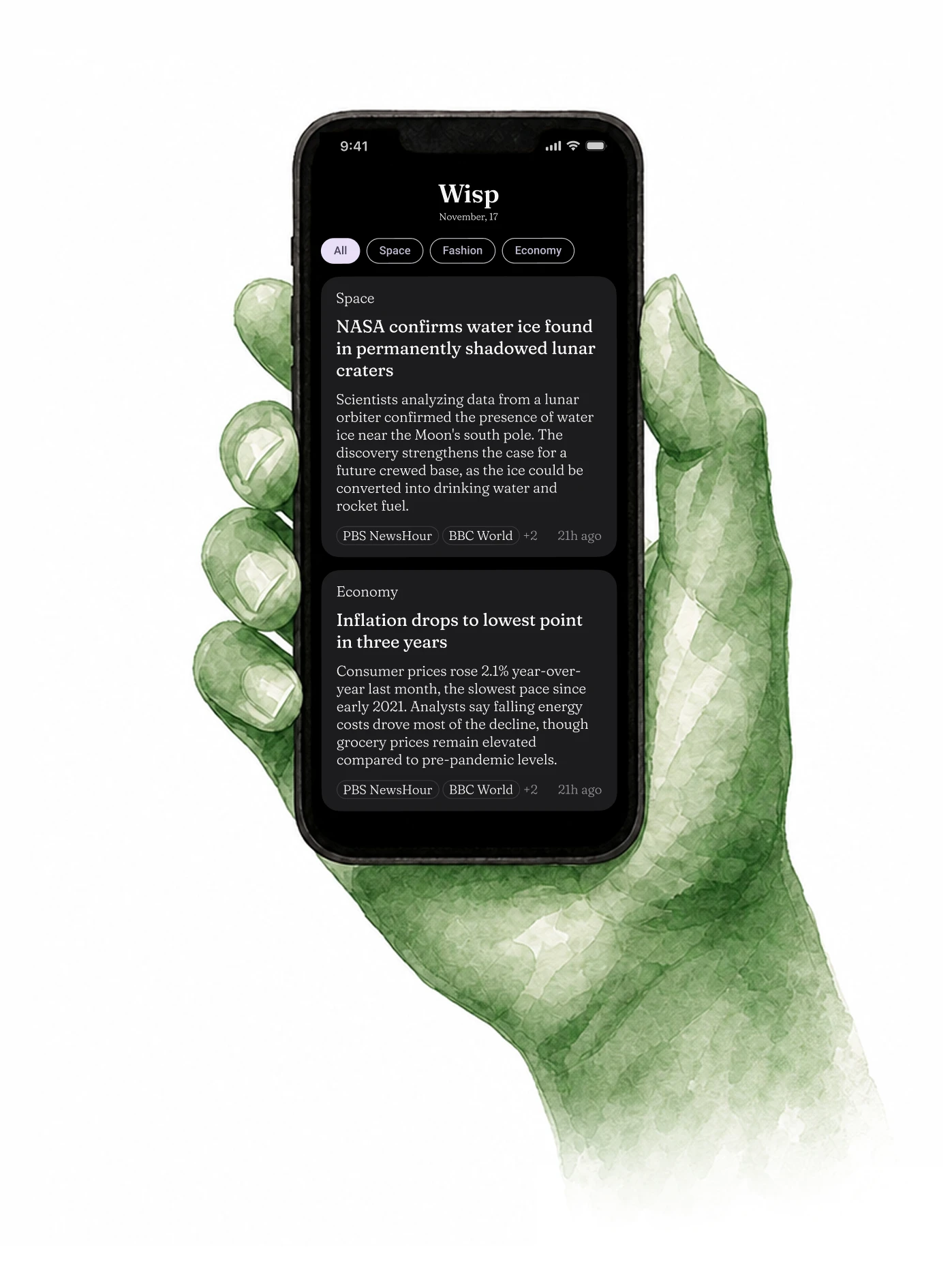 A watercolor illustration of a hand holding a phone displaying the Wisp news feed